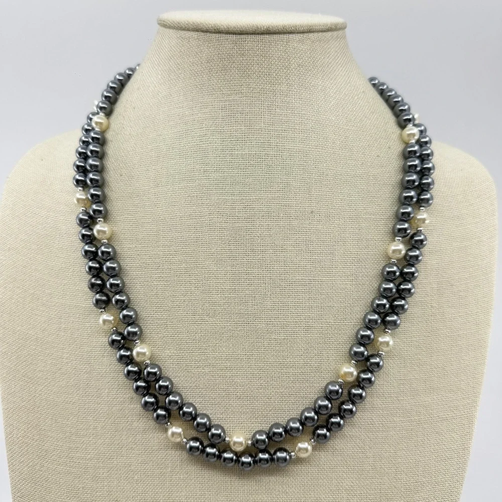 Gray Cream Faux Pearl Extra Long Wrap Necklace Silver Tone Boho Statement Gift